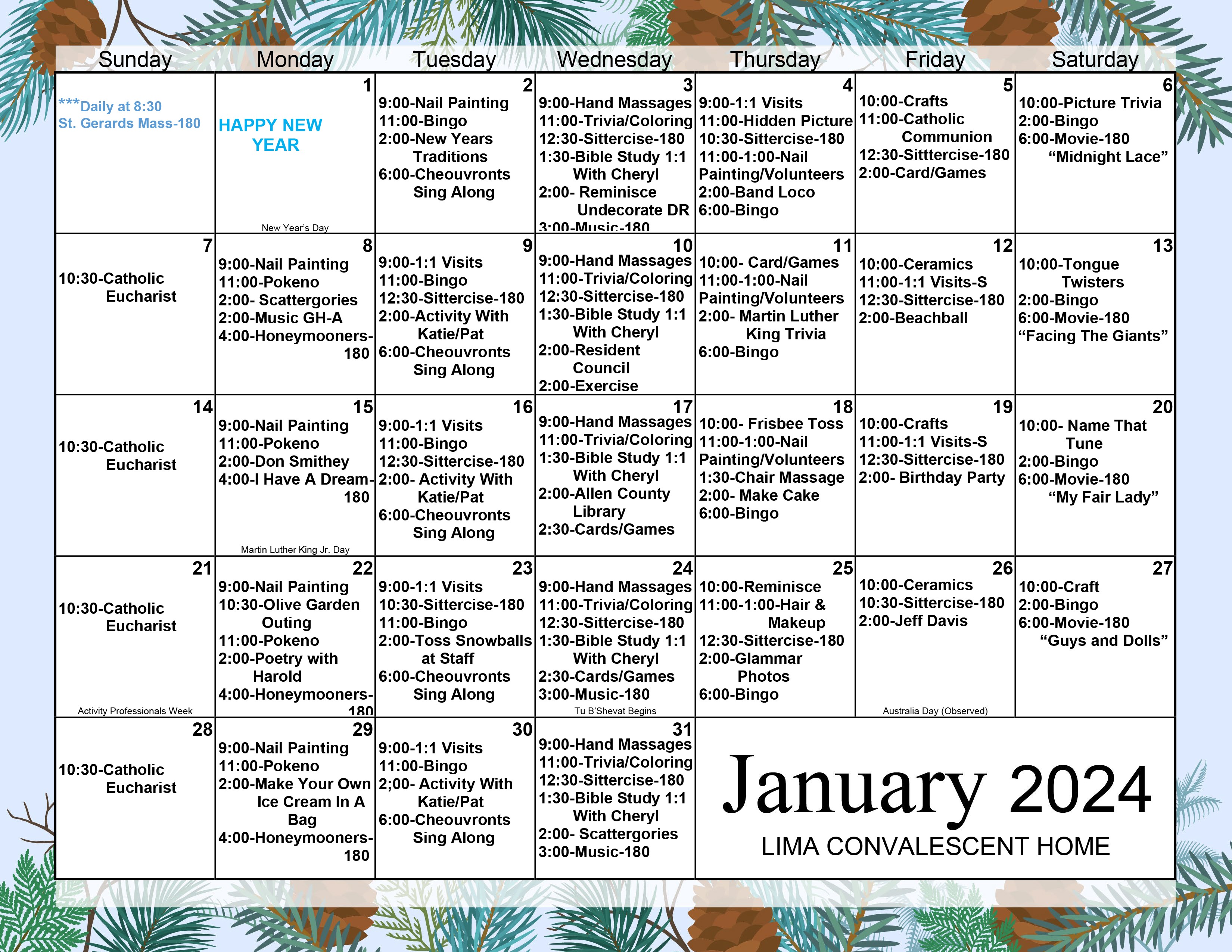 Lima Convalescent Home And Lochhaven Monthly Event Calendars